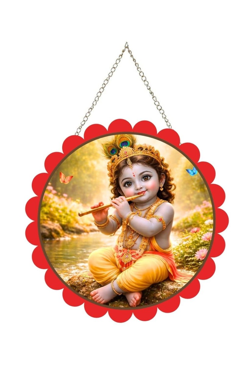 Lord Krishna Wall Hanging Photo Frame | 8 Inch Round Floral Design With Golden Hanging Chain | Decorative Religious Wall Decor For Home, Office, Temple & Pooja Room (F21962)