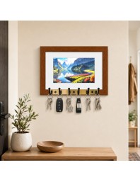 Decorative Wooden Photo Frame Key Hanger With Nature Picture, 12 X 8 Inch Wall Key Holder, 10 X 6 Inch Glossy Photo Frame, 6 Metal Hooks, Home Entrance Decor, Made In India (F38706)