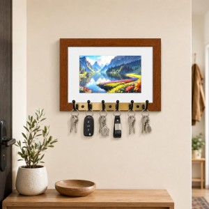 Decorative Wooden Photo Frame Key Hanger With Nature Picture, 12 X 8 Inch Wall Key Holder, 10 X 6 Inch Glossy Photo Frame, 6 Metal Hooks, Home Entrance Decor, Made In India (F38706)
