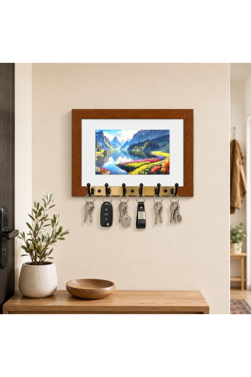 Decorative Wooden Photo Frame Key Hanger With Nature Picture, 12 X 8 Inch Wall Key Holder, 10 X 6 Inch Glossy Photo Frame, 6 Metal Hooks, Home Entrance Decor, Made In India (F38706)