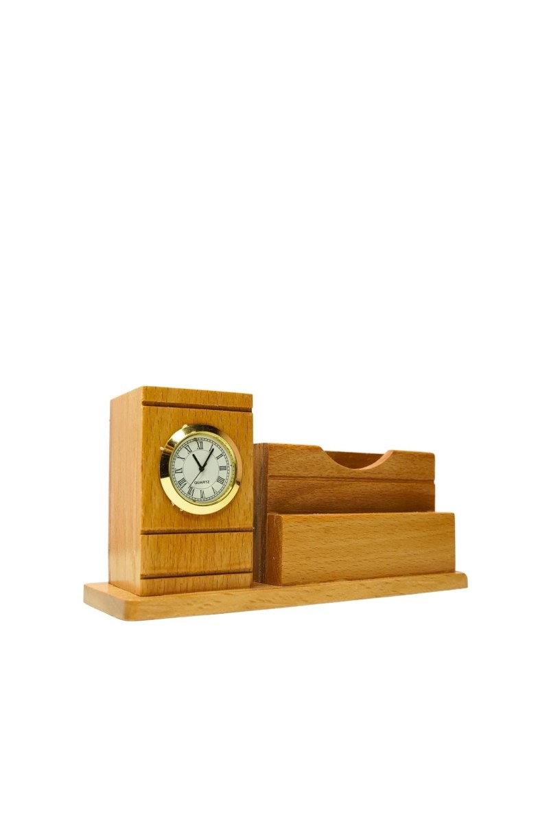 Wooden Pen Stand with Analog Clock & Business Card Holder | Multipurpose Desk Organizer for Office Table | Pen Pencil Holder | Wooden Stationery Organizer for Home & Office