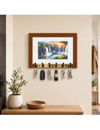 Decorative Wooden Photo Frame Key Hanger With Nature Picture, 12 X 8 Inch Wall Key Holder, 10 X 6 Inch Glossy Photo Frame, 6 Metal Hooks, Home Entrance Decor, Made In India (F38698)