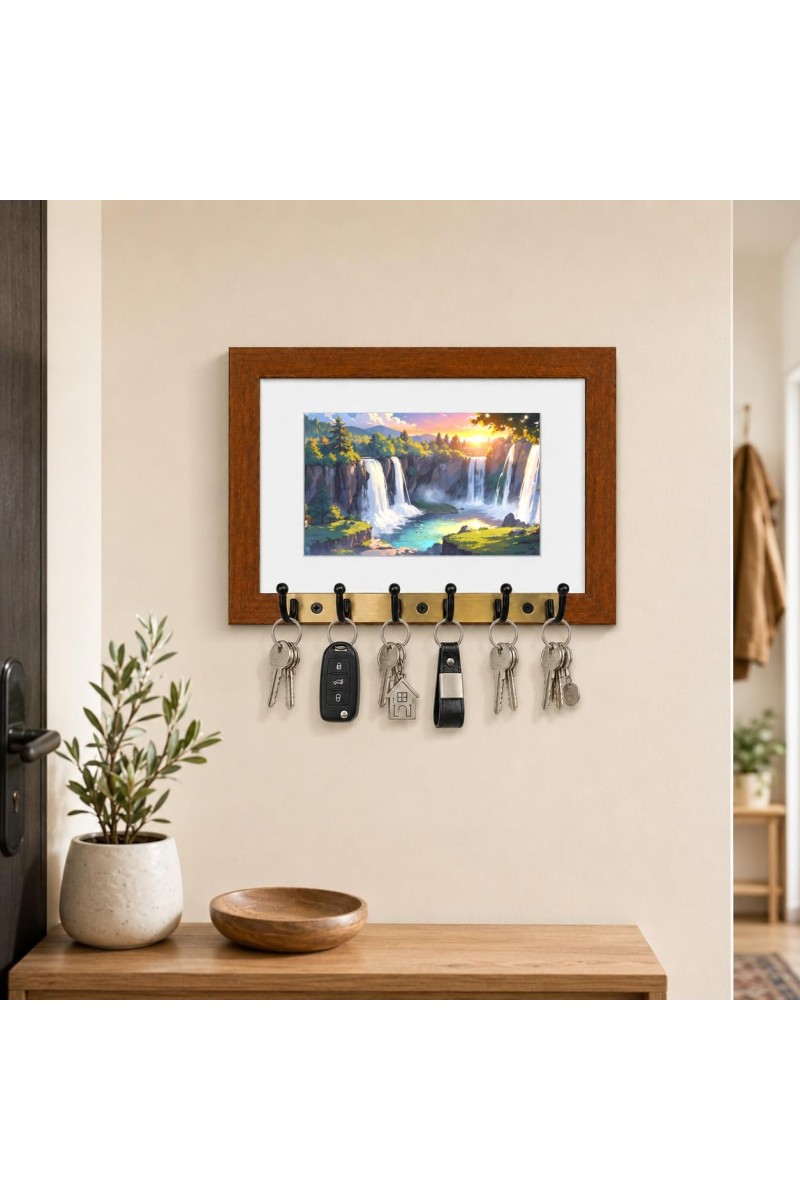 Decorative Wooden Photo Frame Key Hanger With Nature Picture, 12 X 8 Inch Wall Key Holder, 10 X 6 Inch Glossy Photo Frame, 6 Metal Hooks, Home Entrance Decor, Made In India (F38698)