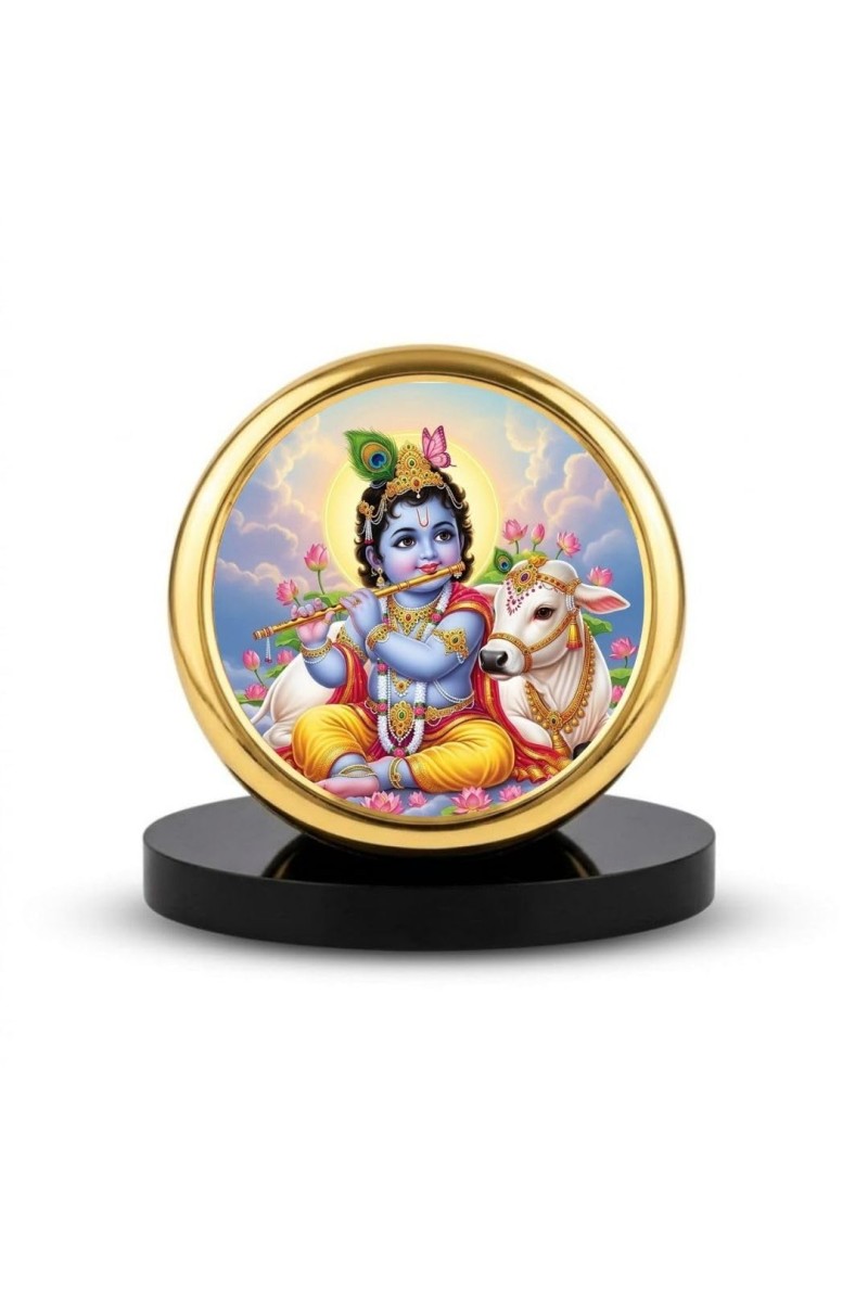Car Dashboard/Table Top Lord Krishna Metal Golden Photo Stand 2x2 Inches, Compact & Stylish Spiritual Display For Car, Home & Office (Pack Of 1) (F24747)