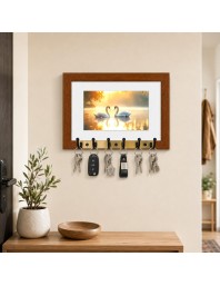 Decorative Wooden Photo Frame Key Hanger With Nature Picture, 12 X 8 Inch Wall Key Holder, 10 X 6 Inch Glossy Photo Frame, 6 Metal Hooks, Home Entrance Decor, Made In India (F38637)