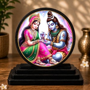 Car Dashboard Wooden Lord Shiva and Parvati Showpiece | 4 X 4.5 Inch Sublimation Printed Decorative Stand | 4 Mm MDF | Home Decor | Made in India (F33297)