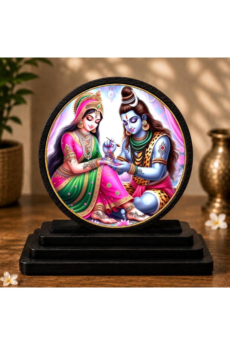 Car Dashboard Wooden Lord Shiva and Parvati Showpiece | 4 X 4.5 Inch Sublimation Printed Decorative Stand | 4 Mm MDF | Home Decor | Made in India (F33297)