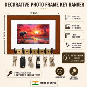 Decorative Wooden Photo Frame Key Hanger With Nature Picture, 12 X 8 Inch Wall Key Holder, 10 X 6 Inch Glossy Photo Frame, 6 Metal Hooks, Home Entrance Decor, Made In India (F38634) Decorative Wooden Photo Frame Key Hanger With Nature Picture, 12 X 8 Inch Wall Key Holder, 10 X 6 Inch Glossy Photo Frame, 6 Metal Hooks, Home Entrance Decor, Made In India (F38634)
