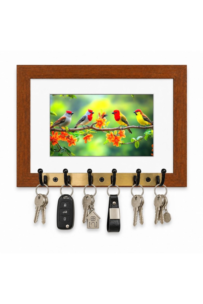 Decorative Wooden Photo Frame Key Hanger With Nature Picture, 12 X 8 Inch Wall Key Holder, 10 X 6 Inch Glossy Photo Frame, 6 Metal Hooks, Home Entrance Decor, Made In India (F38685)