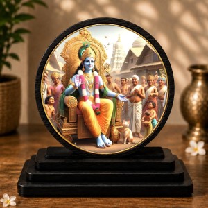 Car Dashboard Wooden Lord Krishna Showpiece | 4 X 4.5 Inch Sublimation Printed Decorative Stand | 4 Mm MDF | Home Decor | Made in India (F33421)