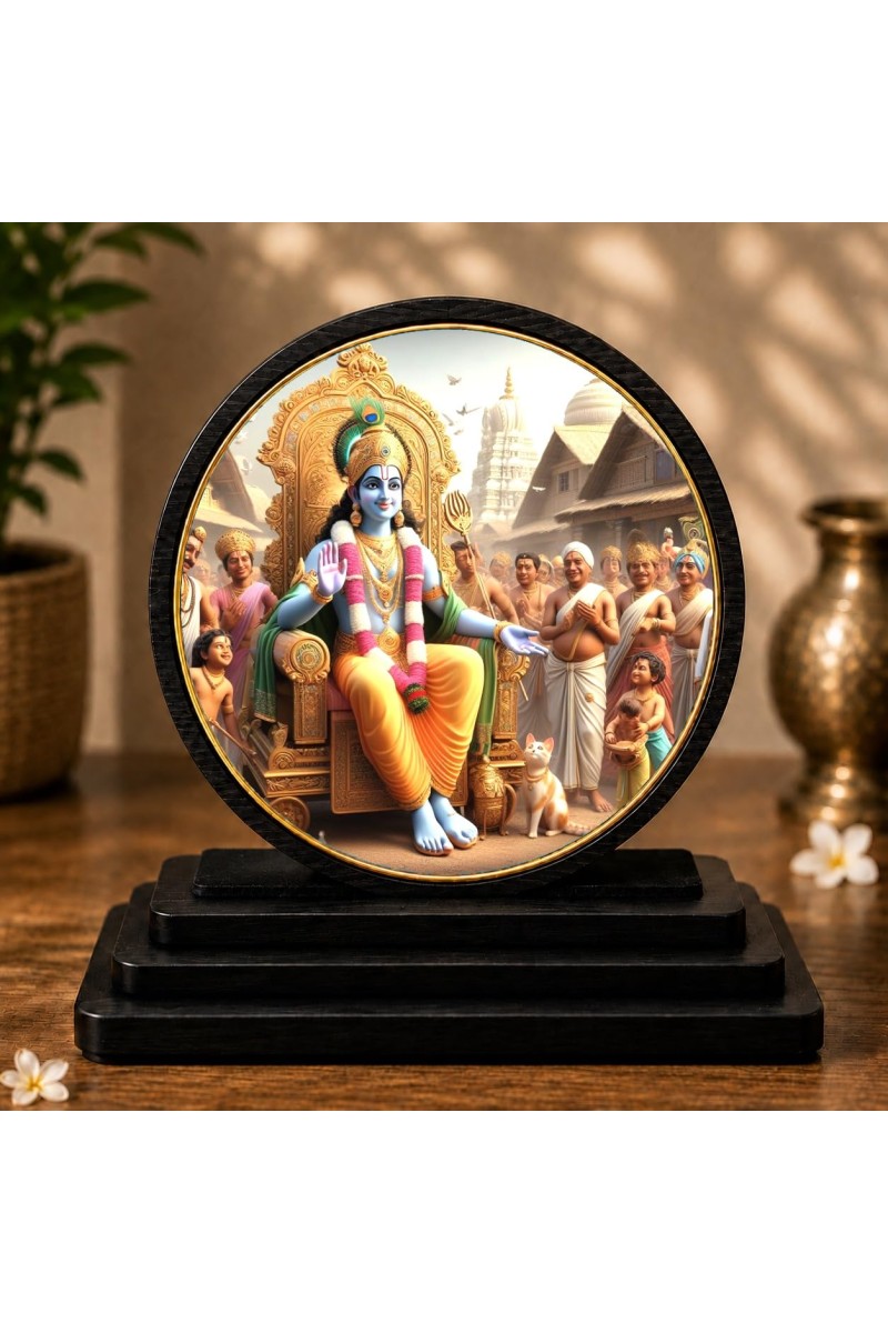Car Dashboard Wooden Lord Krishna Showpiece | 4 X 4.5 Inch Sublimation Printed Decorative Stand | 4 Mm MDF | Home Decor | Made in India (F33421)