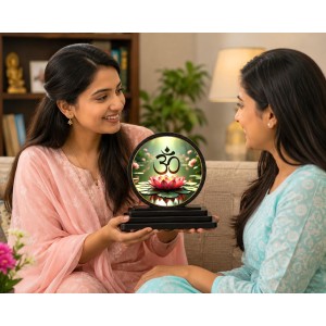 Car Dashboard Wooden Om Symbol Showpiece | 4 X 4.5 Inch Sublimation Printed Decorative Stand | 4 Mm MDF | Home Decor | Made in India (F33282)
