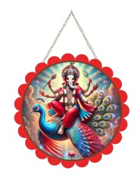 Lord Ganesha Wall Hanging Photo Frame | 8 Inch Round Floral Design With Golden Hanging Chain | Decorative Religious Wall Decor For Home, Office, Temple & Pooja Room (F21955)