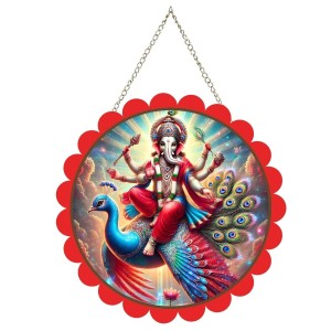 Lord Ganesha Wall Hanging Photo Frame | 8 Inch Round Floral Design With Golden Hanging Chain | Decorative Religious Wall Decor For Home, Office, Temple & Pooja Room (F21955)