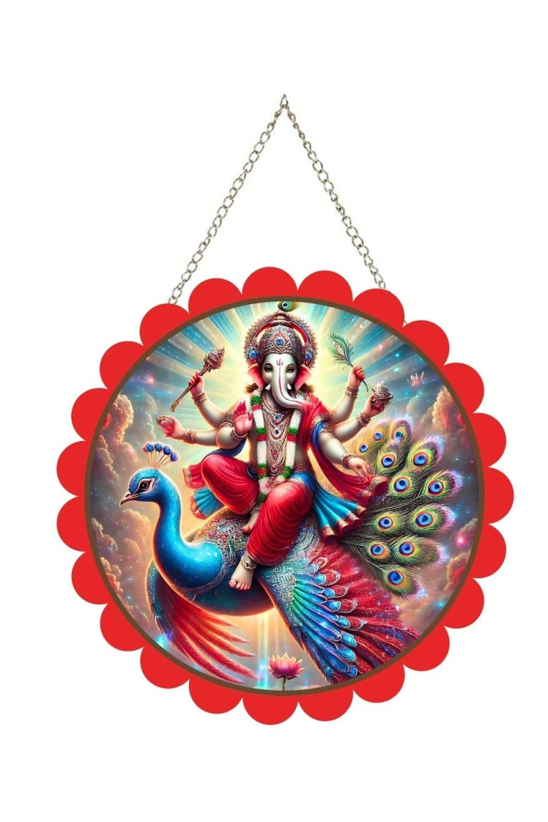 Lord Ganesha Wall Hanging Photo Frame | 8 Inch Round Floral Design With Golden Hanging Chain | Decorative Religious Wall Decor For Home, Office, Temple & Pooja Room (F21955)