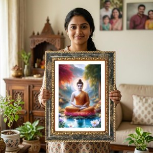 Gautam Buddha Decorative Photo Frame With White Mount | Premium Wall & Tabletop Picture Frame | Home, Office & Temple Decoration | 8x12 Inch (Pack Of 1) (F31287)
