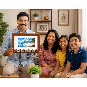 Decorative Wooden Photo Frame Key Hanger With Nature Picture, 12 X 8 Inch Wall Key Holder, 10 X 6 Inch Glossy Photo Frame, 6 Metal Hooks, Home Entrance Decor, Made In India (F38790)