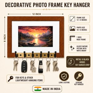 Decorative Wooden Photo Frame Key Hanger With Nature Picture, 12 X 8 Inch Wall Key Holder, 10 X 6 Inch Glossy Photo Frame, 6 Metal Hooks, Home Entrance Decor, Made In India (F38617)