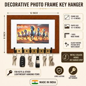 Decorative Wooden Photo Frame Key Hanger With Nature Picture, 12 X 8 Inch Wall Key Holder, 10 X 6 Inch Glossy Photo Frame, 6 Metal Hooks, Home Entrance Decor, Made In India (F38834)