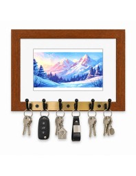 Decorative Wooden Photo Frame Key Hanger With Nature Picture, 12 X 8 Inch Wall Key Holder, 10 X 6 Inch Glossy Photo Frame, 6 Metal Hooks, Home Entrance Decor, Made In India (F38674)