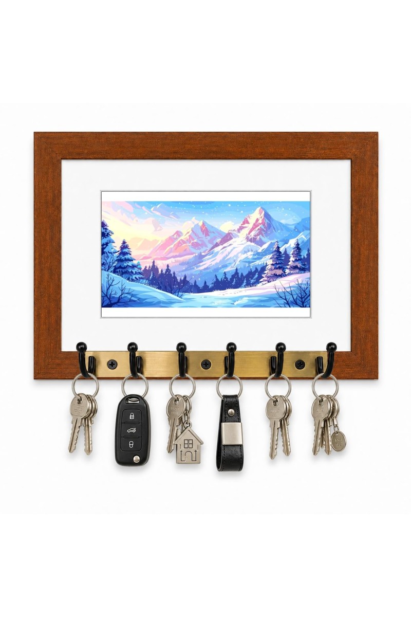 Decorative Wooden Photo Frame Key Hanger With Nature Picture, 12 X 8 Inch Wall Key Holder, 10 X 6 Inch Glossy Photo Frame, 6 Metal Hooks, Home Entrance Decor, Made In India (F38674)