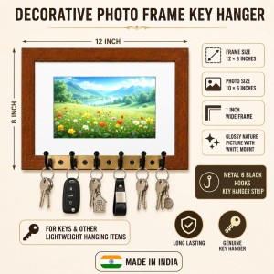 Decorative Wooden Photo Frame Key Hanger With Nature Picture, 12 X 8 Inch Wall Key Holder, 10 X 6 Inch Glossy Photo Frame, 6 Metal Hooks, Home Entrance Decor, Made In India (F38854) Decorative Wooden Photo Frame Key Hanger With Nature Picture, 12 X 8 Inch Wall Key Holder, 10 X 6 Inch Glossy Photo Frame, 6 Metal Hooks, Home Entrance Decor, Made In India (F38854)