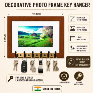 Decorative Wooden Photo Frame Key Hanger With Nature Picture, 12 X 8 Inch Wall Key Holder, 10 X 6 Inch Glossy Photo Frame, 6 Metal Hooks, Home Entrance Decor, Made In India (F38696) Decorative Wooden Photo Frame Key Hanger With Nature Picture, 12 X 8 Inch Wall Key Holder, 10 X 6 Inch Glossy Photo Frame, 6 Metal Hooks, Home Entrance Decor, Made In India (F38696)