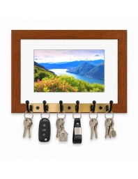 Decorative Wooden Photo Frame Key Hanger With Nature Picture, 12 X 8 Inch Wall Key Holder, 10 X 6 Inch Glossy Photo Frame, 6 Metal Hooks, Home Entrance Decor, Made In India (F38692)