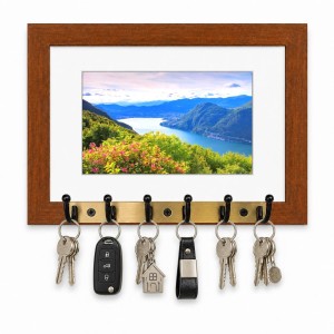Decorative Wooden Photo Frame Key Hanger With Nature Picture, 12 X 8 Inch Wall Key Holder, 10 X 6 Inch Glossy Photo Frame, 6 Metal Hooks, Home Entrance Decor, Made In India (F38692)