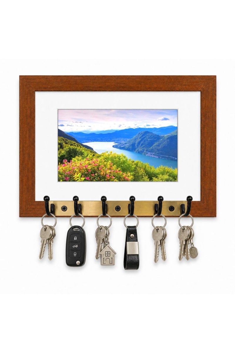 Decorative Wooden Photo Frame Key Hanger With Nature Picture, 12 X 8 Inch Wall Key Holder, 10 X 6 Inch Glossy Photo Frame, 6 Metal Hooks, Home Entrance Decor, Made In India (F38692)