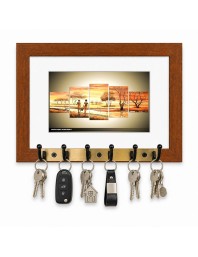 Decorative Wooden Photo Frame Key Hanger With Nature Picture, 12 X 8 Inch Wall Key Holder, 10 X 6 Inch Glossy Photo Frame, 6 Metal Hooks, Home Entrance Decor, Made In India (F38731)