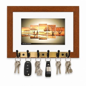 Decorative Wooden Photo Frame Key Hanger With Nature Picture, 12 X 8 Inch Wall Key Holder, 10 X 6 Inch Glossy Photo Frame, 6 Metal Hooks, Home Entrance Decor, Made In India (F38731)