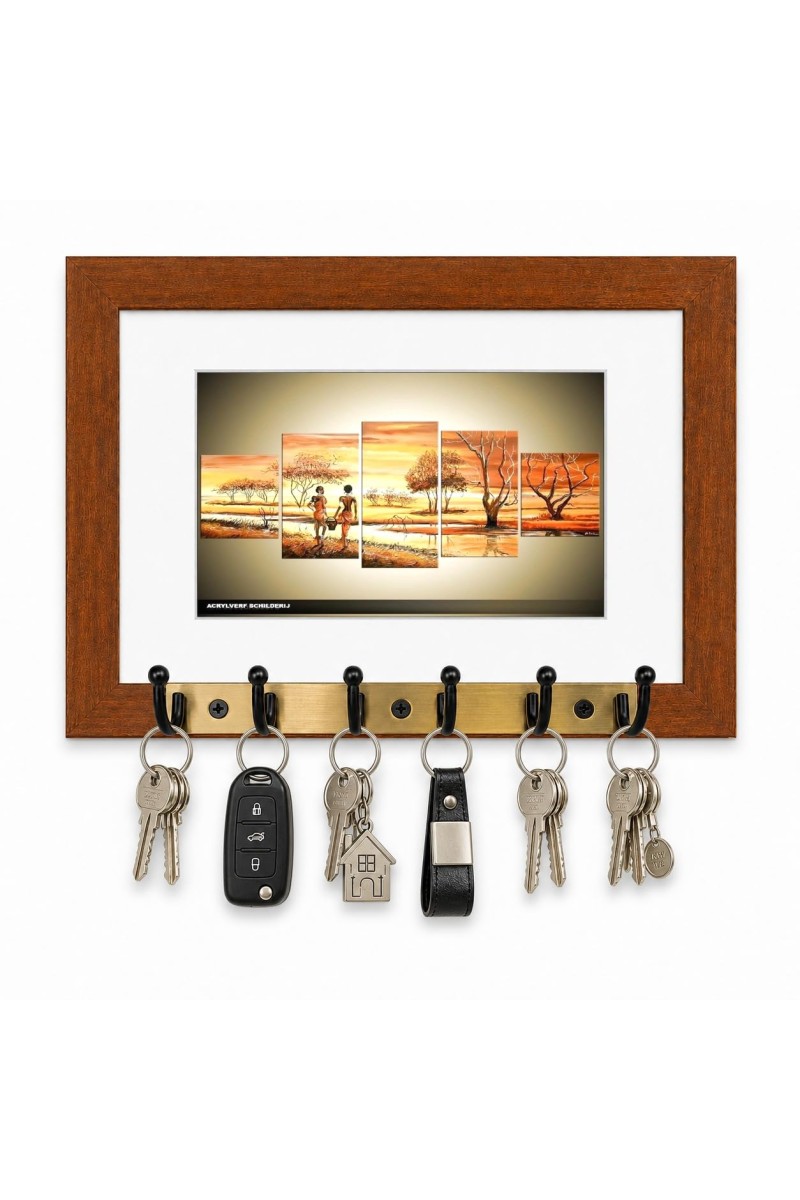 Decorative Wooden Photo Frame Key Hanger With Nature Picture, 12 X 8 Inch Wall Key Holder, 10 X 6 Inch Glossy Photo Frame, 6 Metal Hooks, Home Entrance Decor, Made In India (F38731)