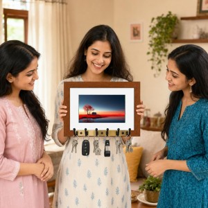Decorative Wooden Photo Frame Key Hanger With Nature Picture, 12 X 8 Inch Wall Key Holder, 10 X 6 Inch Glossy Photo Frame, 6 Metal Hooks, Home Entrance Decor, Made In India (F38882) Decorative Wooden Photo Frame Key Hanger With Nature Picture, 12 X 8 Inch Wall Key Holder, 10 X 6 Inch Glossy Photo Frame, 6 Metal Hooks, Home Entrance Decor, Made In India (F38882)