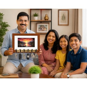 Decorative Wooden Photo Frame Key Hanger With Nature Picture, 12 X 8 Inch Wall Key Holder, 10 X 6 Inch Glossy Photo Frame, 6 Metal Hooks, Home Entrance Decor, Made In India (F38617)