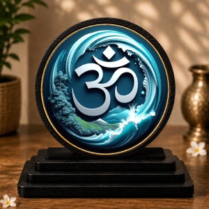 Car Dashboard Wooden Om Symbol Showpiece | 4 X 4.5 Inch Sublimation Printed Decorative Stand | 4 Mm MDF | Home Decor | Made in India (F33393)