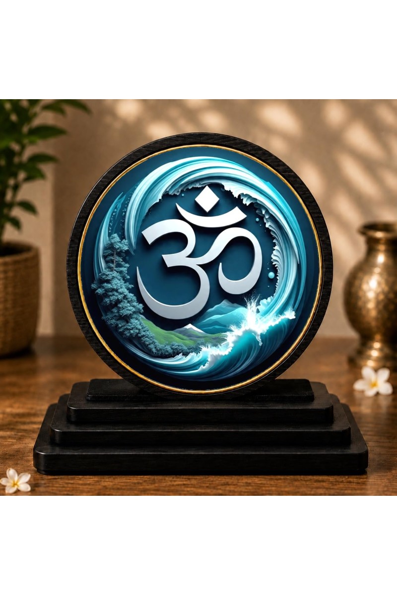 Car Dashboard Wooden Om Symbol Showpiece | 4 X 4.5 Inch Sublimation Printed Decorative Stand | 4 Mm MDF | Home Decor | Made in India (F33393)