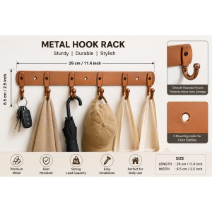 6-Hook Metal Wall Hook Rack with 3 Mounting Screws Included | Heavy Duty Wall Mounted Coat & Towel Hanger | Multipurpose Hook Rail for Clothes, Keys, Bags, Hats & Bathroom Accessories | Copper Finish
