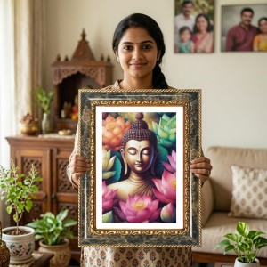 Buddha Decorative Photo Frame With White Mount | Premium Wall & Tabletop Picture Frame | Home, Office & Temple Decoration | 10x14 Inch (Pack Of 1) (F32671)