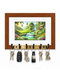Decorative Wooden Photo Frame Key Hanger With Nature Picture, 12 X 8 Inch Wall Key Holder, 10 X 6 Inch Glossy Photo Frame, 6 Metal Hooks, Home Entrance Decor, Made In India (F38635)