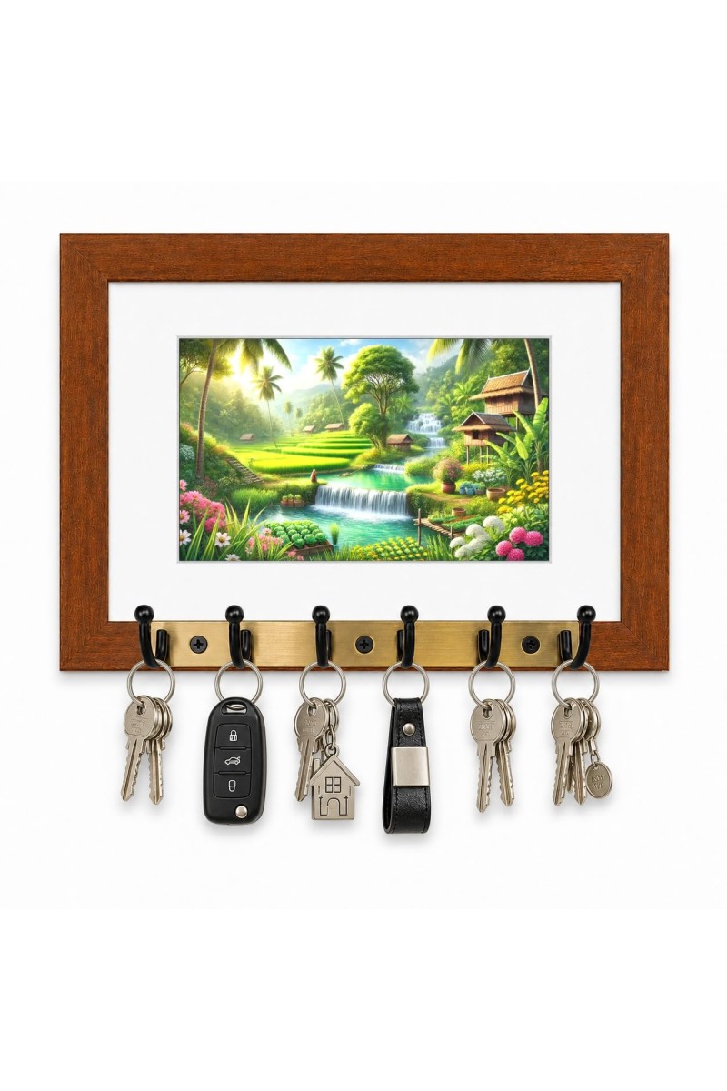 Decorative Wooden Photo Frame Key Hanger With Nature Picture, 12 X 8 Inch Wall Key Holder, 10 X 6 Inch Glossy Photo Frame, 6 Metal Hooks, Home Entrance Decor, Made In India (F38635)