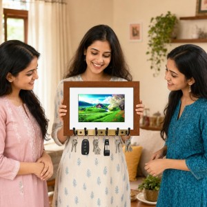 Decorative Wooden Photo Frame Key Hanger With Nature Picture, 12 X 8 Inch Wall Key Holder, 10 X 6 Inch Glossy Photo Frame, 6 Metal Hooks, Home Entrance Decor, Made In India (F38696) Decorative Wooden Photo Frame Key Hanger With Nature Picture, 12 X 8 Inch Wall Key Holder, 10 X 6 Inch Glossy Photo Frame, 6 Metal Hooks, Home Entrance Decor, Made In India (F38696)