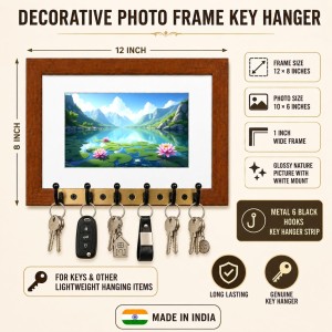 Decorative Wooden Photo Frame Key Hanger With Nature Picture, 12 X 8 Inch Wall Key Holder, 10 X 6 Inch Glossy Photo Frame, 6 Metal Hooks, Home Entrance Decor, Made In India (F38851)