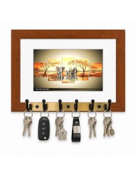 Decorative Wooden Photo Frame Key Hanger With Nature Picture, 12 X 8 Inch Wall Key Holder, 10 X 6 Inch Glossy Photo Frame, 6 Metal Hooks, Home Entrance Decor, Made In India (F38612)