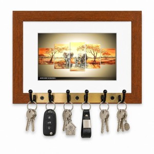 Decorative Wooden Photo Frame Key Hanger With Nature Picture, 12 X 8 Inch Wall Key Holder, 10 X 6 Inch Glossy Photo Frame, 6 Metal Hooks, Home Entrance Decor, Made In India (F38612)