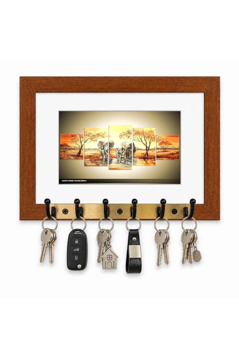 Decorative Wooden Photo Frame Key Hanger With Nature Picture, 12 X 8 Inch Wall Key Holder, 10 X 6 Inch Glossy Photo Frame, 6 Metal Hooks, Home Entrance Decor, Made In India (F38612)