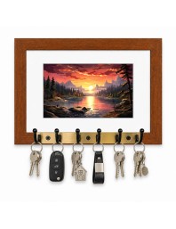 Decorative Wooden Photo Frame Key Hanger With Nature Picture, 12 X 8 Inch Wall Key Holder, 10 X 6 Inch Glossy Photo Frame, 6 Metal Hooks, Home Entrance Decor, Made In India (F38617)