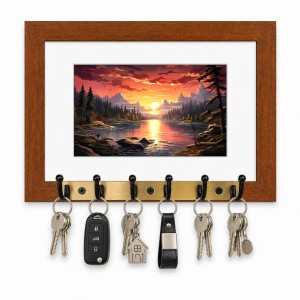 Decorative Wooden Photo Frame Key Hanger With Nature Picture, 12 X 8 Inch Wall Key Holder, 10 X 6 Inch Glossy Photo Frame, 6 Metal Hooks, Home Entrance Decor, Made In India (F38617)