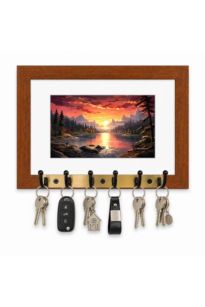 Decorative Wooden Photo Frame Key Hanger With Nature Picture, 12 X 8 Inch Wall Key Holder, 10 X 6 Inch Glossy Photo Frame, 6 Metal Hooks, Home Entrance Decor, Made In India (F38617)