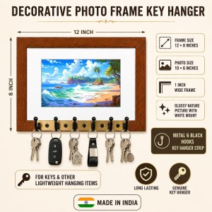 Decorative Wooden Photo Frame Key Hanger With Nature Picture, 12 X 8 Inch Wall Key Holder, 10 X 6 Inch Glossy Photo Frame, 6 Metal Hooks, Home Entrance Decor, Made In India (F38790)